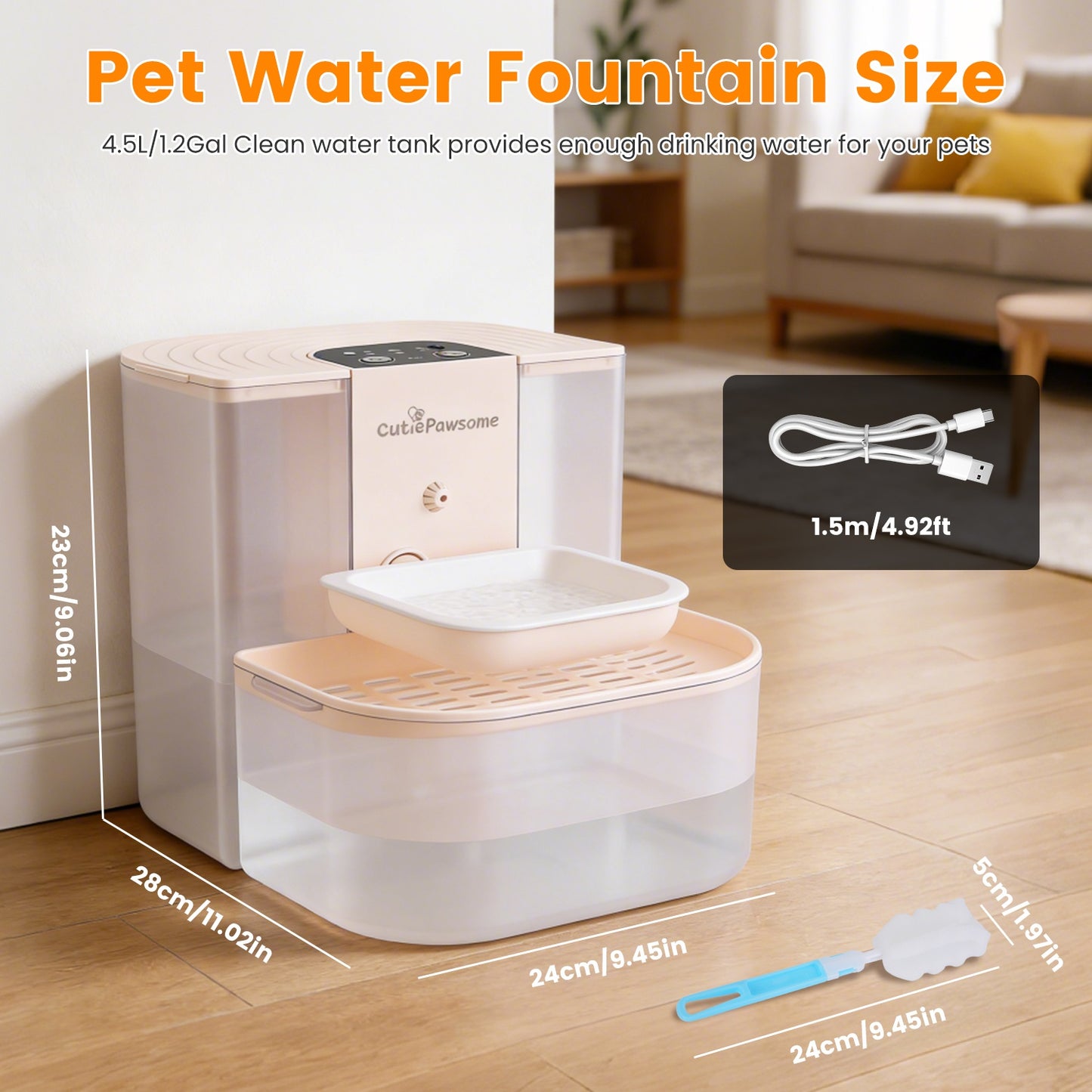 Smart Pet Water Fountain - 4.5L Automatic Cat & Dog Water Dispenser with Remote Control, Rechargeable & Self-Refill, 3 Adjustable Volumes & Cleaning Brush Included
