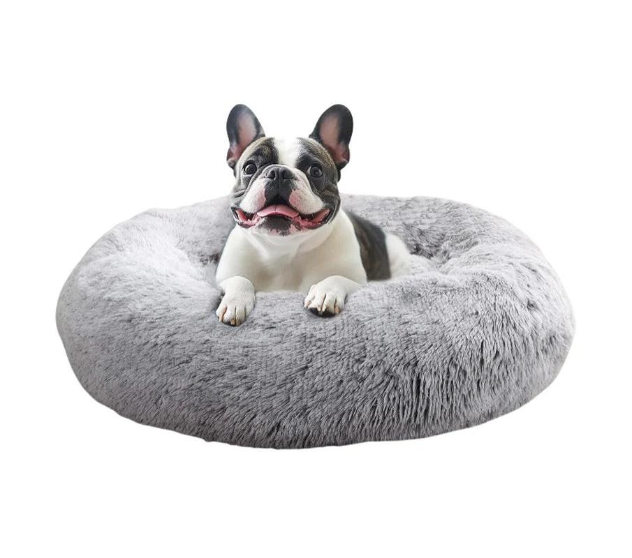 Cozy Medium Anti-Anxiety Donut Dog Bed - 31-Inch Fluffy Faux Fur for Pets up to 45 lbs (Smoke Grey).