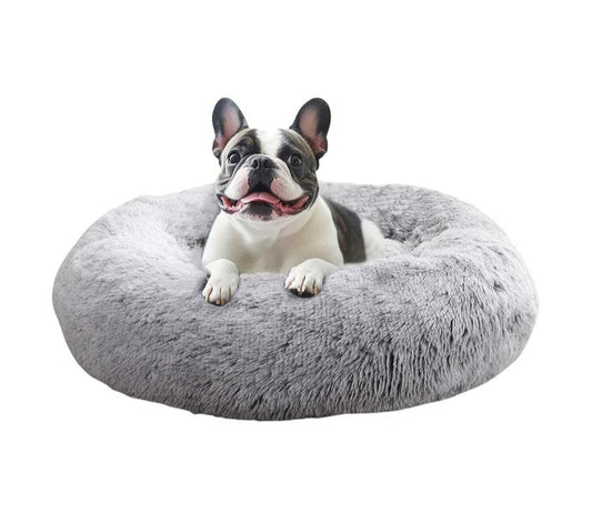 Cozy Medium Anti-Anxiety Donut Dog Bed - 31-Inch Fluffy Faux Fur for Pets up to 45 lbs (Smoke Grey).
