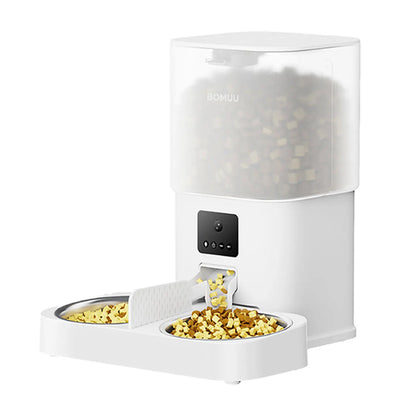 BOMUU Smart Automatic Pet Feeder with Dual Stainless Steel Bowls, 1080P HD Camera, APP Remote Feeding, 2.4G WiFi, Timed & Portion Control, Two-Way Audio, 10-Second Voice Recording, 8 Meals per Day, 6L Capacity for Cats and Dogs