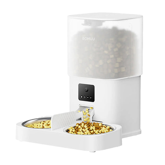 BOMUU Smart Automatic Pet Feeder with Dual Stainless Steel Bowls, 1080P HD Camera, APP Remote Feeding, 2.4G WiFi, Timed & Portion Control, Two-Way Audio, 10-Second Voice Recording, 8 Meals per Day, 6L Capacity for Cats and Dogs