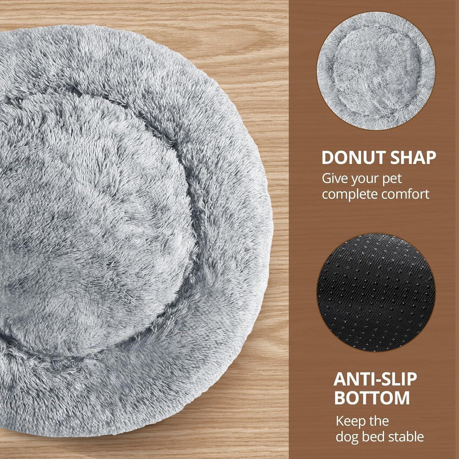Cozy Medium Anti-Anxiety Donut Dog Bed - 31-Inch Fluffy Faux Fur for Pets up to 45 lbs (Smoke Grey).