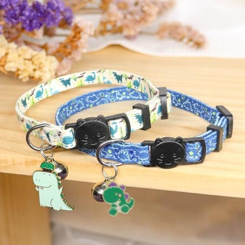 Breakaway Cat Collar Set, 2-Pack Cotton Collars with Bells, Adorable Dinosaur Design for Kittens.