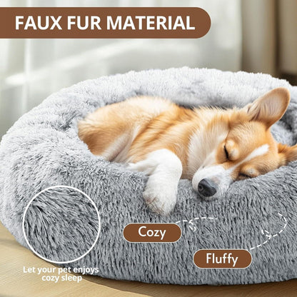 Cozy Medium Anti-Anxiety Donut Dog Bed - 31-Inch Fluffy Faux Fur for Pets up to 45 lbs (Smoke Grey).
