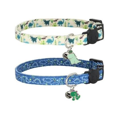 Breakaway Cat Collar Set, 2-Pack Cotton Collars with Bells, Adorable Dinosaur Design for Kittens.