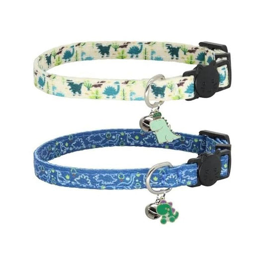 Breakaway Cat Collar Set, 2-Pack Cotton Collars with Bells, Adorable Dinosaur Design for Kittens.