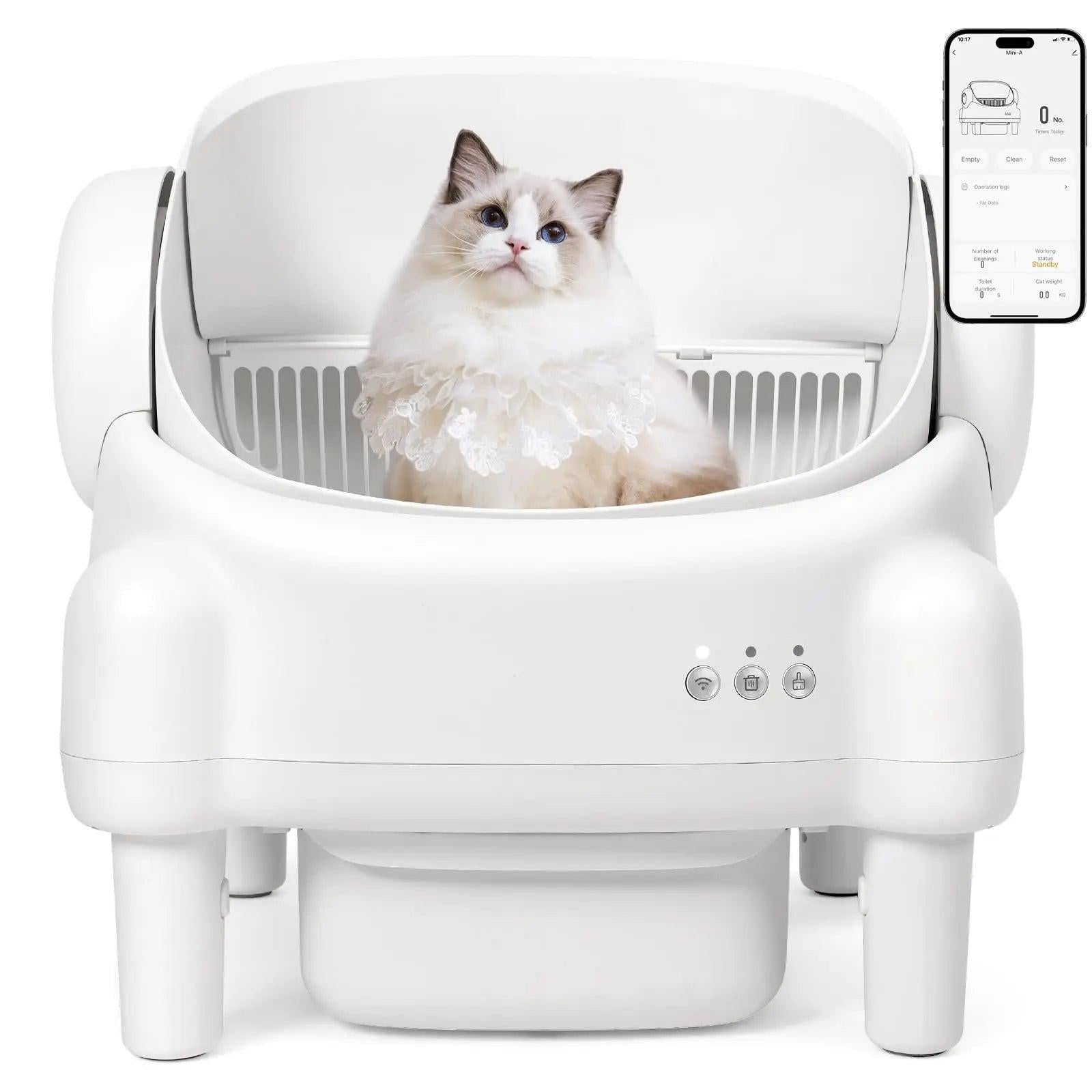 Revolutionize Your Cat's Litter Experience with the TAYACICY Smart Self-Cleaning Litter Box - App Controlled, Open-Top Design, and Advanced Safety Features in Cream White.