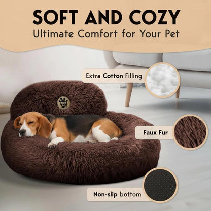 Pamper Your Pup with the Petjett Medium Calming Dog Bed - Round Donut Design for Ultimate Comfort and Anxiety Relief - Washable & Anti-Slip Plush Bed in Stylish Brown.