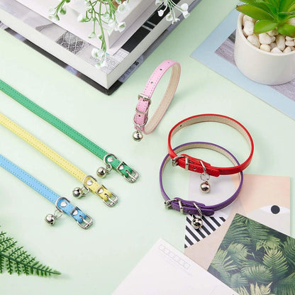Vibrant 6-Piece Leather Cat Collar Set with Bells - Stylish & Adjustable for Your Adorable Kittens and Puppies.