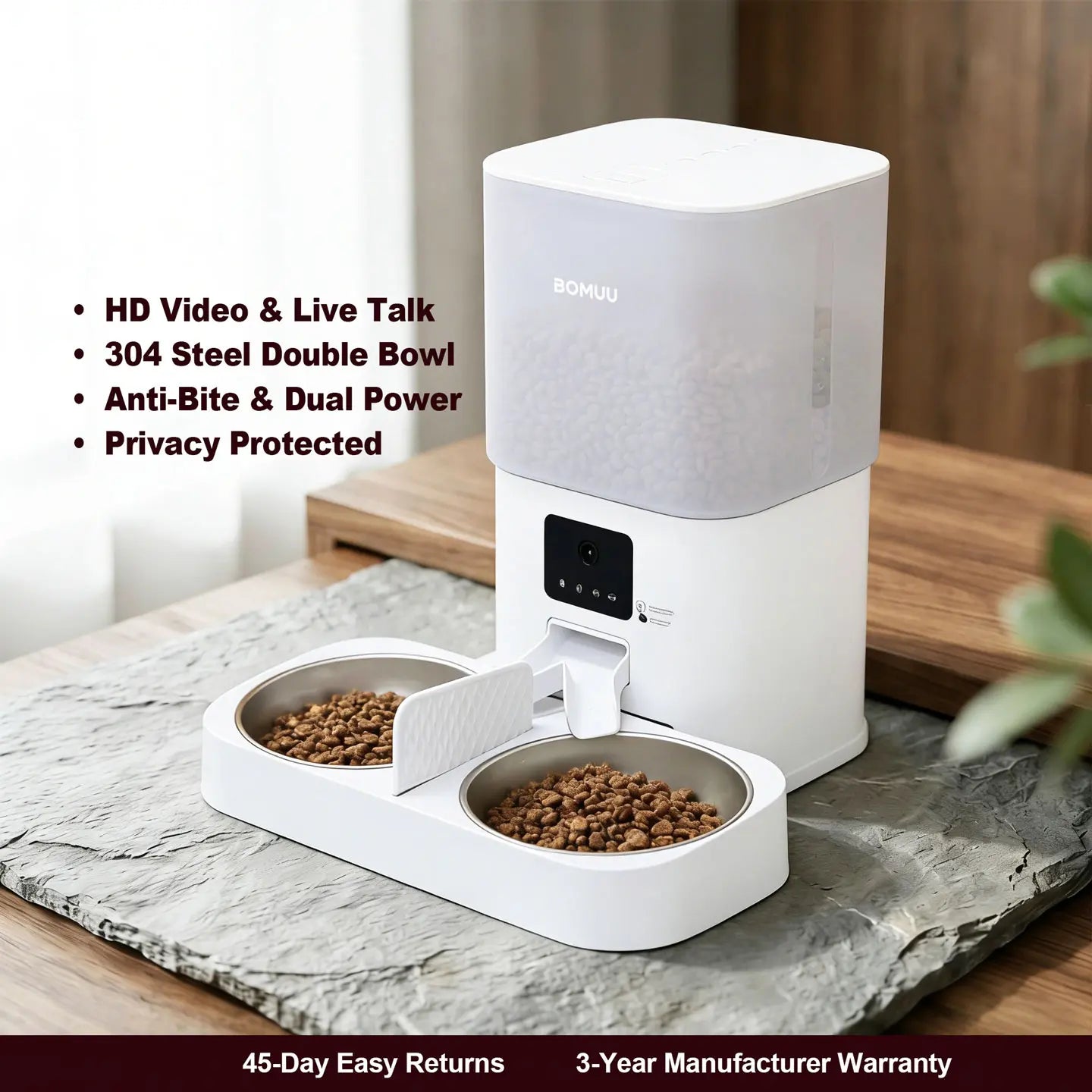 BOMUU Smart Automatic Pet Feeder with Dual Stainless Steel Bowls, 1080P HD Camera, APP Remote Feeding, 2.4G WiFi, Timed & Portion Control, Two-Way Audio, 10-Second Voice Recording, 8 Meals per Day, 6L Capacity for Cats and Dogs