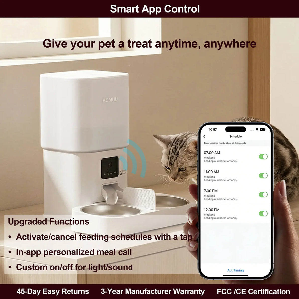 BOMUU Smart Automatic Pet Feeder with Dual Stainless Steel Bowls, 1080P HD Camera, APP Remote Feeding, 2.4G WiFi, Timed & Portion Control, Two-Way Audio, 10-Second Voice Recording, 8 Meals per Day, 6L Capacity for Cats and Dogs