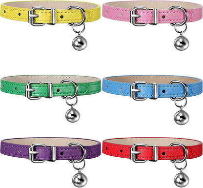 Vibrant 6-Piece Leather Cat Collar Set with Bells - Stylish & Adjustable for Your Adorable Kittens and Puppies.