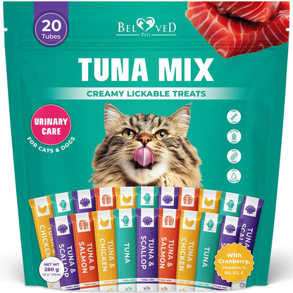 Indulge Your Feline with Beloved Pets Creamy Lickable Cat Treats â ‚¬" Chicken & Tuna Mix, Liquid Snacks for Urinary & Skin Care, Multivitamin Delights in Convenient Squeeze Tubes (20 Sticks).