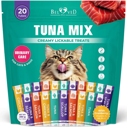 Indulge Your Feline with Beloved Pets Creamy Lickable Cat Treats â ‚¬" Chicken & Tuna Mix, Liquid Snacks for Urinary & Skin Care, Multivitamin Delights in Convenient Squeeze Tubes (20 Sticks).