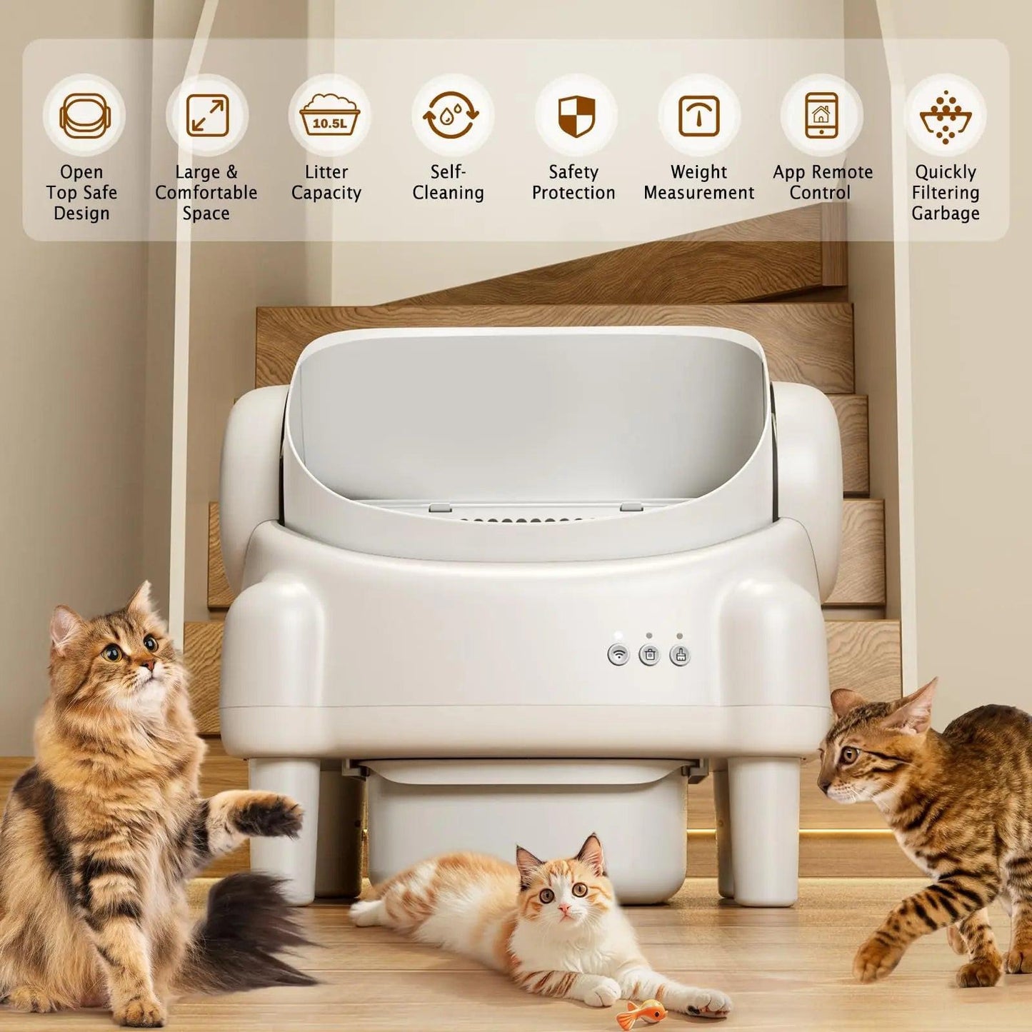 Revolutionize Your Cat's Litter Experience with the TAYACICY Smart Self-Cleaning Litter Box - App Controlled, Open-Top Design, and Advanced Safety Features in Cream White.
