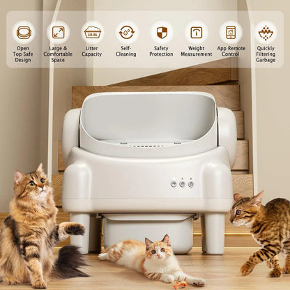 Revolutionize Your Cat's Litter Experience with the TAYACICY Smart Self-Cleaning Litter Box - App Controlled, Open-Top Design, and Advanced Safety Features in Cream White.