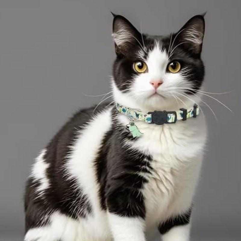 Breakaway Cat Collar Set, 2-Pack Cotton Collars with Bells, Adorable Dinosaur Design for Kittens.