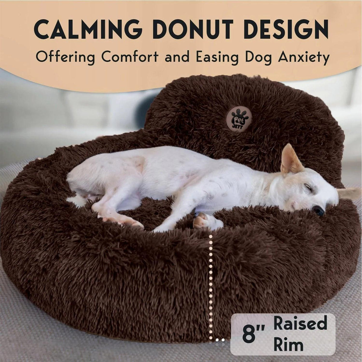 Pamper Your Pup with the Petjett Medium Calming Dog Bed - Round Donut Design for Ultimate Comfort and Anxiety Relief - Washable & Anti-Slip Plush Bed in Stylish Brown.