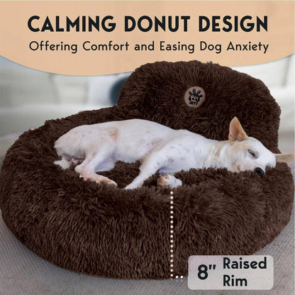 Pamper Your Pup with the Petjett Medium Calming Dog Bed - Round Donut Design for Ultimate Comfort and Anxiety Relief - Washable & Anti-Slip Plush Bed in Stylish Brown.