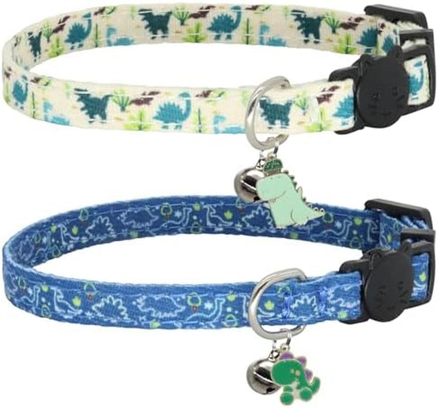 Breakaway Cat Collar Set, 2-Pack Cotton Collars with Bells, Adorable Dinosaur Design for Kittens.