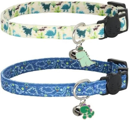 Breakaway Cat Collar Set, 2-Pack Cotton Collars with Bells, Adorable Dinosaur Design for Kittens.