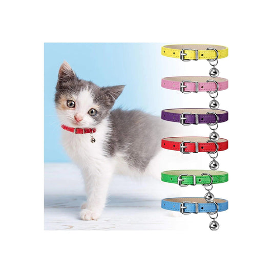 Vibrant 6-Piece Leather Cat Collar Set with Bells - Stylish & Adjustable for Your Adorable Kittens and Puppies.