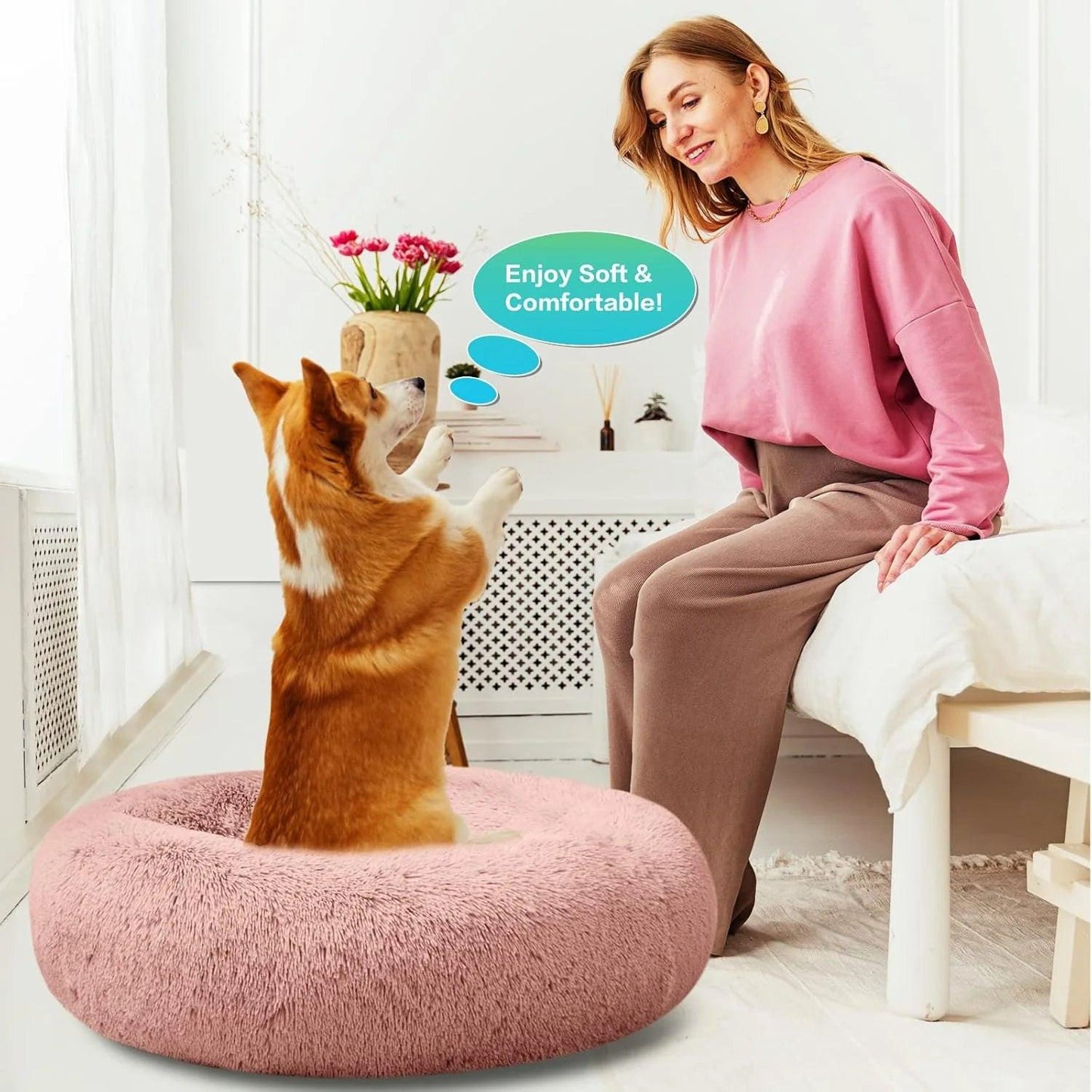 Indulge Your Pet with the Plush Donut-Shaped Calming Bed â ‚¬" Cozy Comfort for Dogs and Cats, Available in Sizes S-XXL.