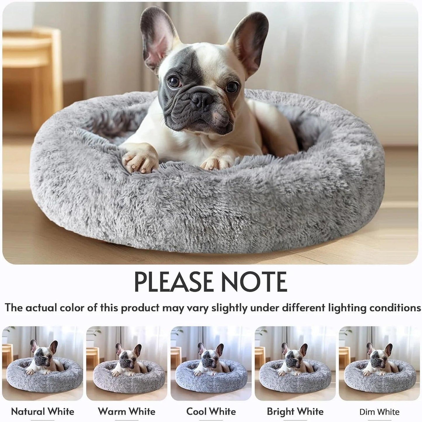Cozy Medium Anti-Anxiety Donut Dog Bed - 31-Inch Fluffy Faux Fur for Pets up to 45 lbs (Smoke Grey).