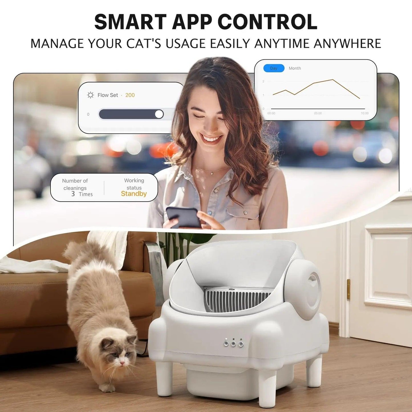 Revolutionize Your Cat's Litter Experience with the TAYACICY Smart Self-Cleaning Litter Box - App Controlled, Open-Top Design, and Advanced Safety Features in Cream White.