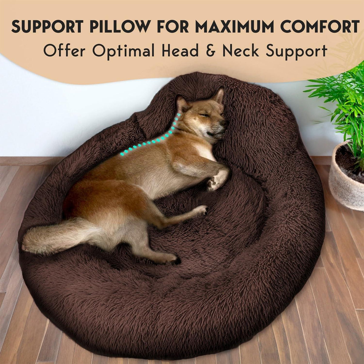 Pamper Your Pup with the Petjett Medium Calming Dog Bed - Round Donut Design for Ultimate Comfort and Anxiety Relief - Washable & Anti-Slip Plush Bed in Stylish Brown.