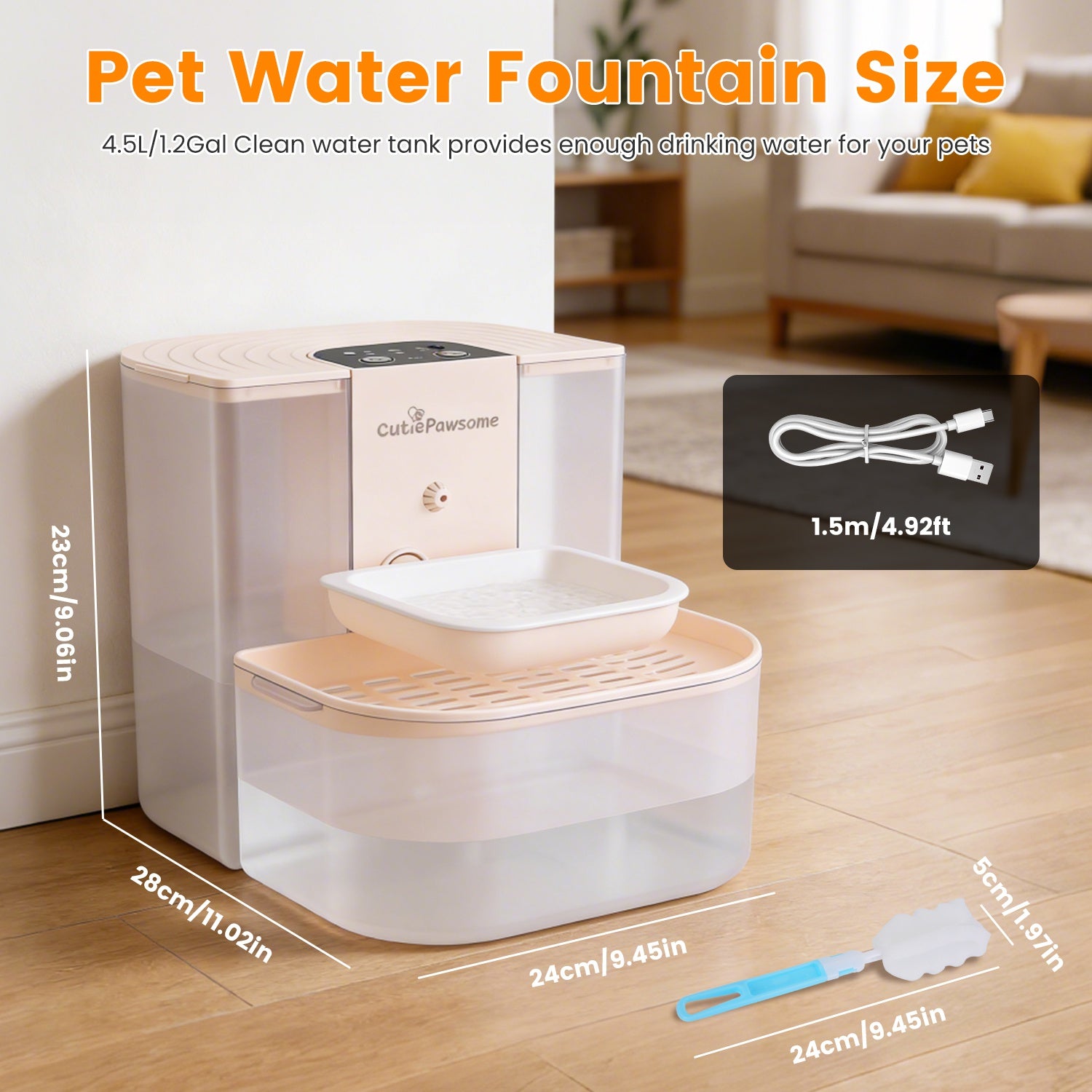 Smart Pet Water Fountain - 4.5L Automatic Cat & Dog Water Dispenser with Remote Control, Rechargeable & Self-Refill, 3 Adjustable Volumes & Cleaning Brush Included