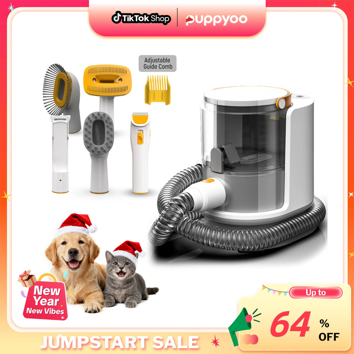 PUPPYOO Professional 5-in-1 Pet Grooming Kit with 13000Pa Vacuum System for Dogs and Cats, 1.5L Dust Cup, 4M Cord, Whisper-Quiet Operation, Adjustable Guard Combs, and Hair Remover Roller