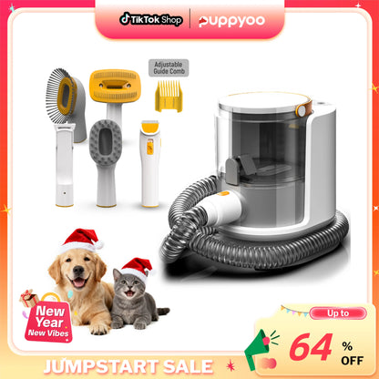 PUPPYOO Professional 5-in-1 Pet Grooming Kit with 13000Pa Vacuum System for Dogs and Cats, 1.5L Dust Cup, 4M Cord, Whisper-Quiet Operation, Adjustable Guard Combs, and Hair Remover Roller