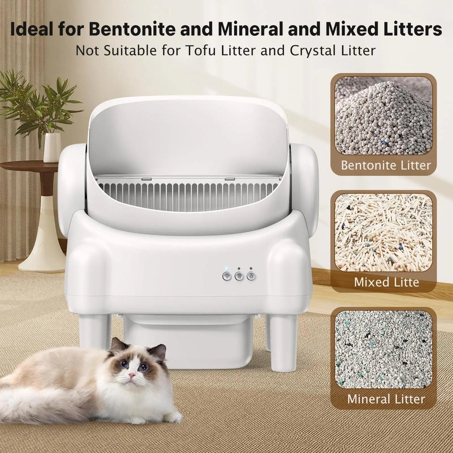 Revolutionize Your Cat's Litter Experience with the TAYACICY Smart Self-Cleaning Litter Box - App Controlled, Open-Top Design, and Advanced Safety Features in Cream White.