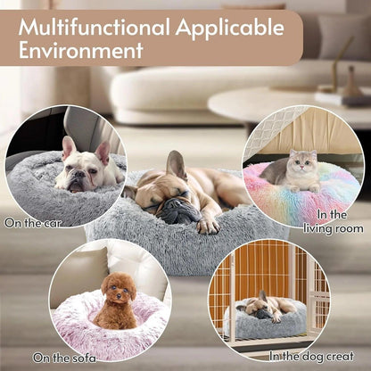 Cozy Medium Anti-Anxiety Donut Dog Bed - 31-Inch Fluffy Faux Fur for Pets up to 45 lbs (Smoke Grey).