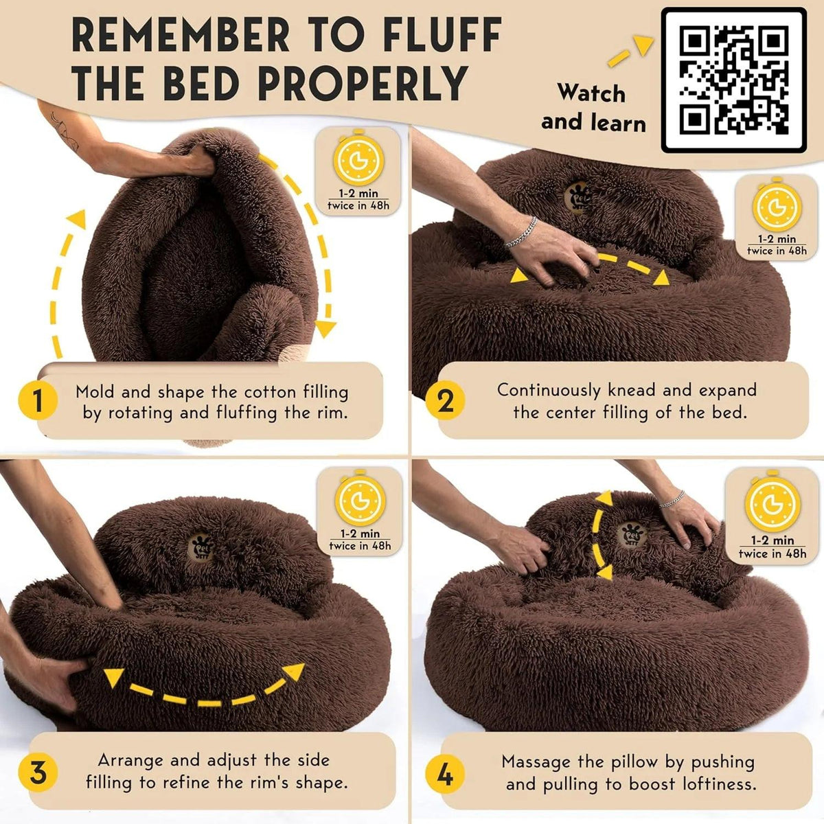 Pamper Your Pup with the Petjett Medium Calming Dog Bed - Round Donut Design for Ultimate Comfort and Anxiety Relief - Washable & Anti-Slip Plush Bed in Stylish Brown.