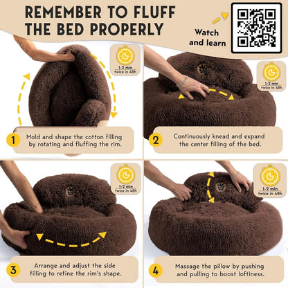 Pamper Your Pup with the Petjett Medium Calming Dog Bed - Round Donut Design for Ultimate Comfort and Anxiety Relief - Washable & Anti-Slip Plush Bed in Stylish Brown.
