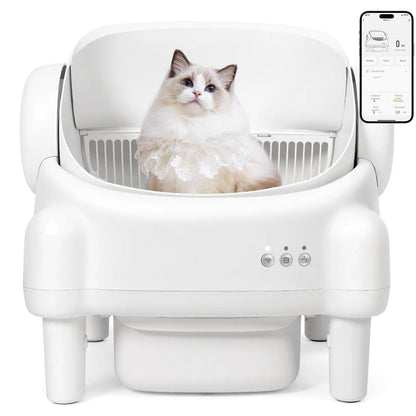 Revolutionize Your Cat's Litter Experience with the TAYACICY Smart Self-Cleaning Litter Box - App Controlled, Open-Top Design, and Advanced Safety Features in Cream White.