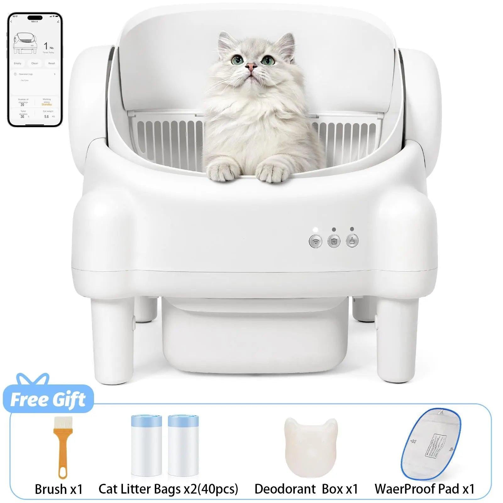 Revolutionize Your Cat's Litter Experience with the TAYACICY Smart Self-Cleaning Litter Box - App Controlled, Open-Top Design, and Advanced Safety Features in Cream White.