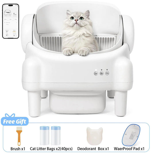 Revolutionize Your Cat's Litter Experience with the TAYACICY Smart Self-Cleaning Litter Box - App Controlled, Open-Top Design, and Advanced Safety Features in Cream White.