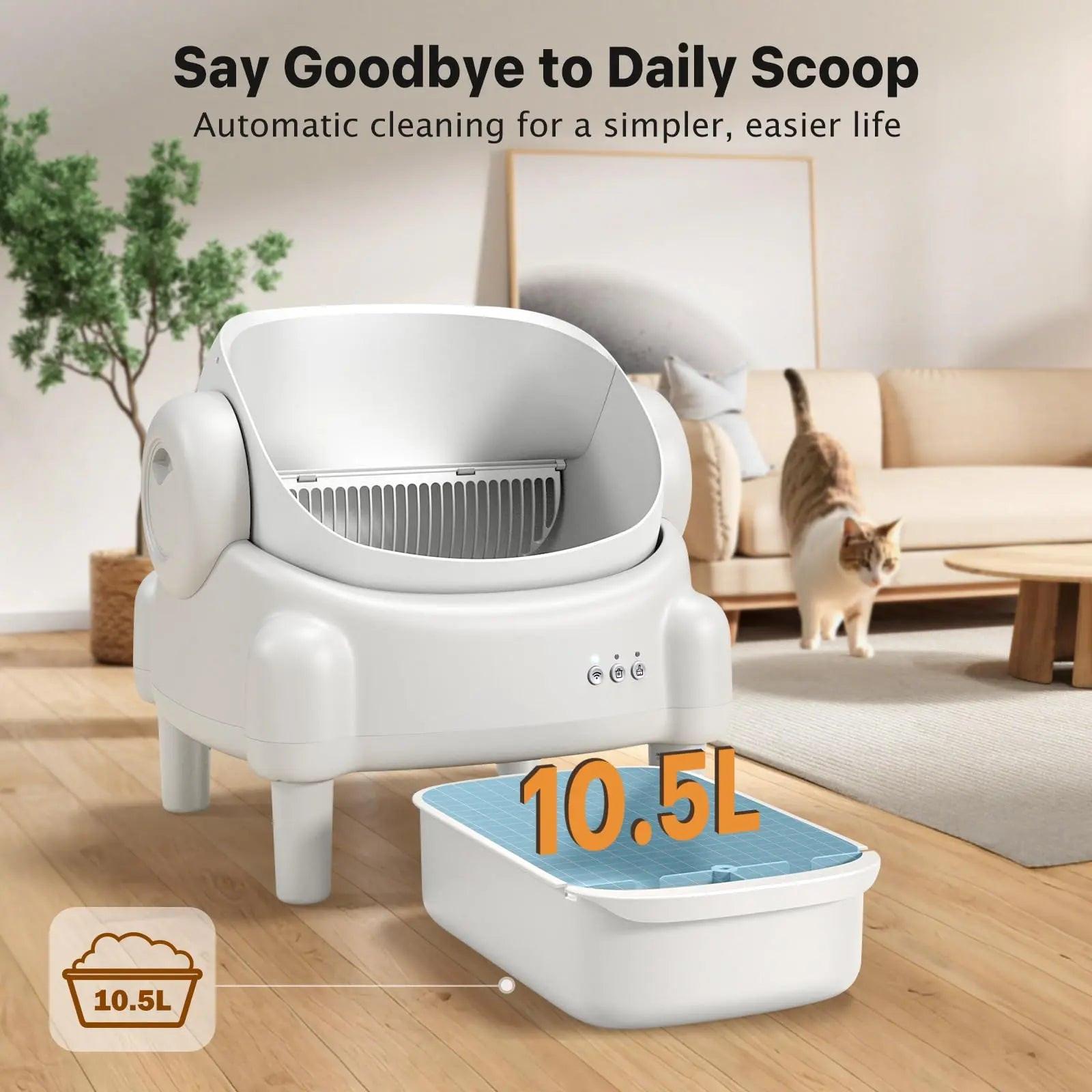 Revolutionize Your Cat's Litter Experience with the TAYACICY Smart Self-Cleaning Litter Box - App Controlled, Open-Top Design, and Advanced Safety Features in Cream White.