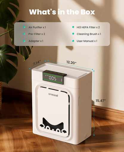 Home Pet Air Purifier with Washable Filters for Large Rooms up to 1410 Ft², CADR 320 m³/h, 25 dB Noise Level, PM2.5 Display, and Double-Sided Activated Carbon Filters