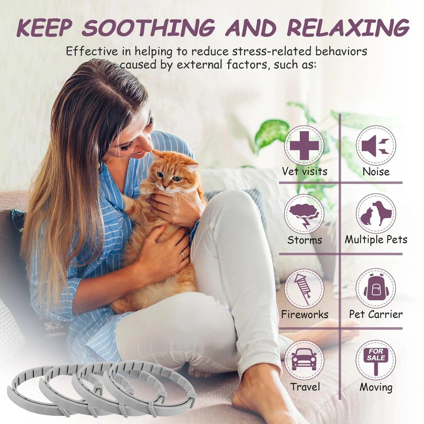 Transform Your Pet's Life with Our Adjustable Calming Collar - Natural Anxiety Relief for Cats and Dogs - 4 Pack.