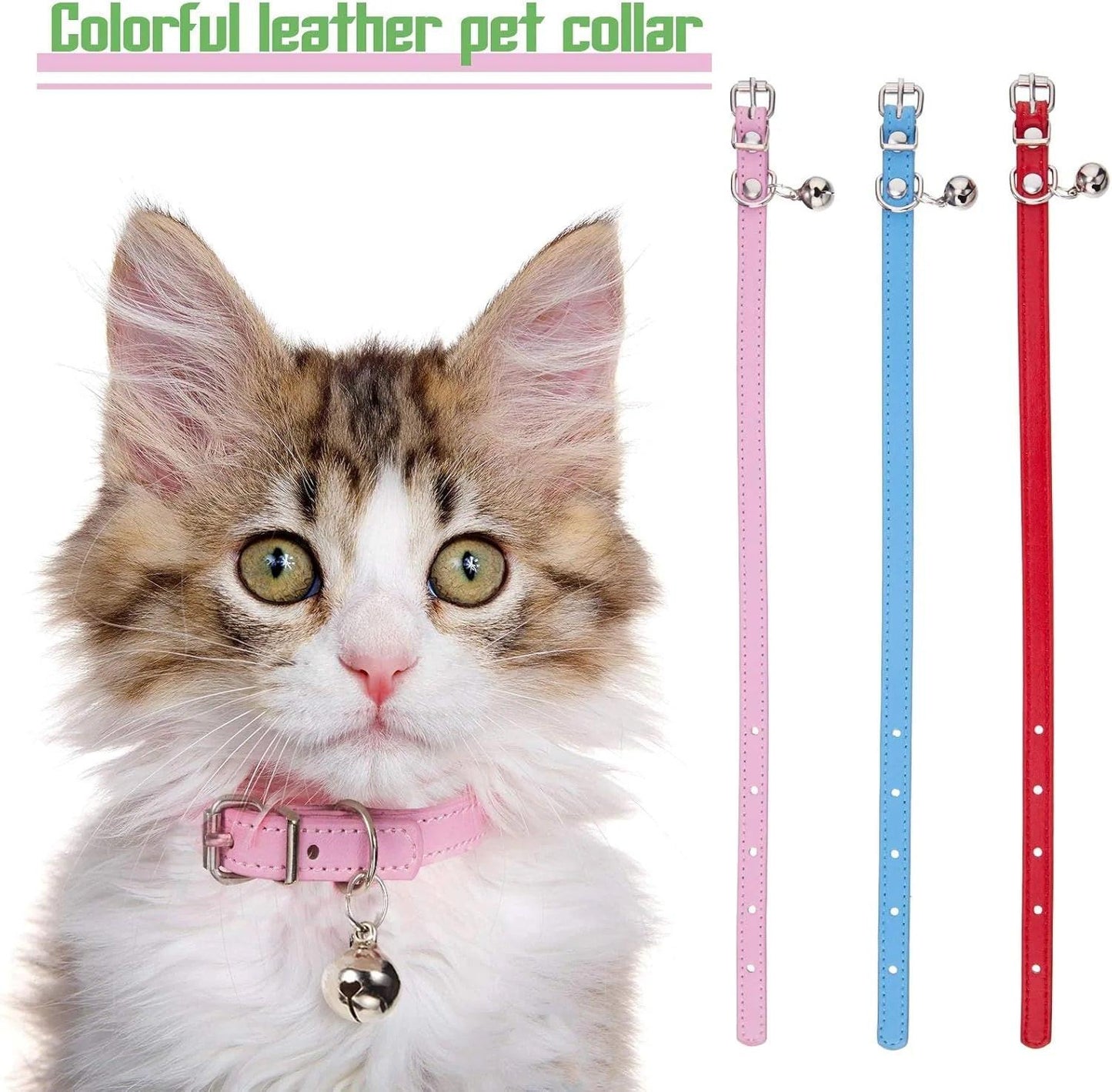 Vibrant 6-Piece Leather Cat Collar Set with Bells - Stylish & Adjustable for Your Adorable Kittens and Puppies.