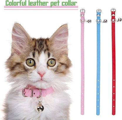 Vibrant 6-Piece Leather Cat Collar Set with Bells - Stylish & Adjustable for Your Adorable Kittens and Puppies.