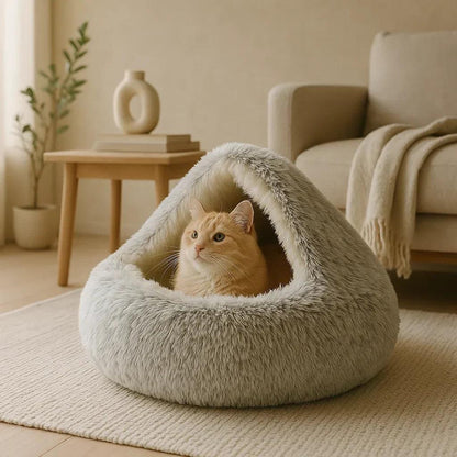 Orthopedic Pet Cave Bed | Calming Plush Bed for Cats & Small Dogs.