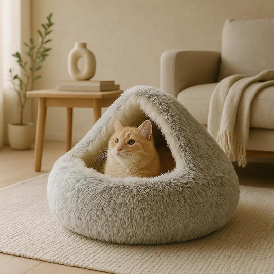 Orthopedic Pet Cave Bed | Calming Plush Bed for Cats & Small Dogs.