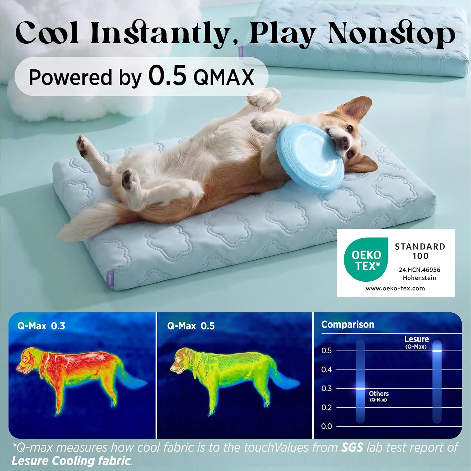 XL Cooling Dog Bed - Q-Max>0.5 Cooling Mat with Removable Washable Cover, Breathable Orthopedic Egg Crate Foam Non-Slip Summer Pad for Extra Large Active, Senior, and Long-Haired Pets, 41 x 27 Inches