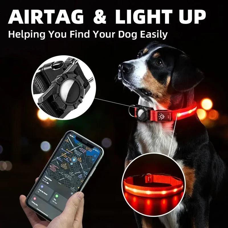 Illuminate Your Dog's Safety: LED Light-Up Collars with Airtag Cover - USB Rechargeable & Waterproof for Nighttime Adventures.